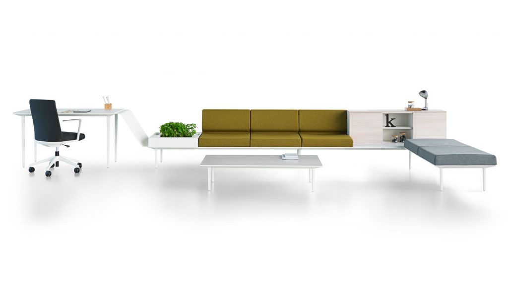Conjunto longo de mesa y asientos para recepción o sala de espera